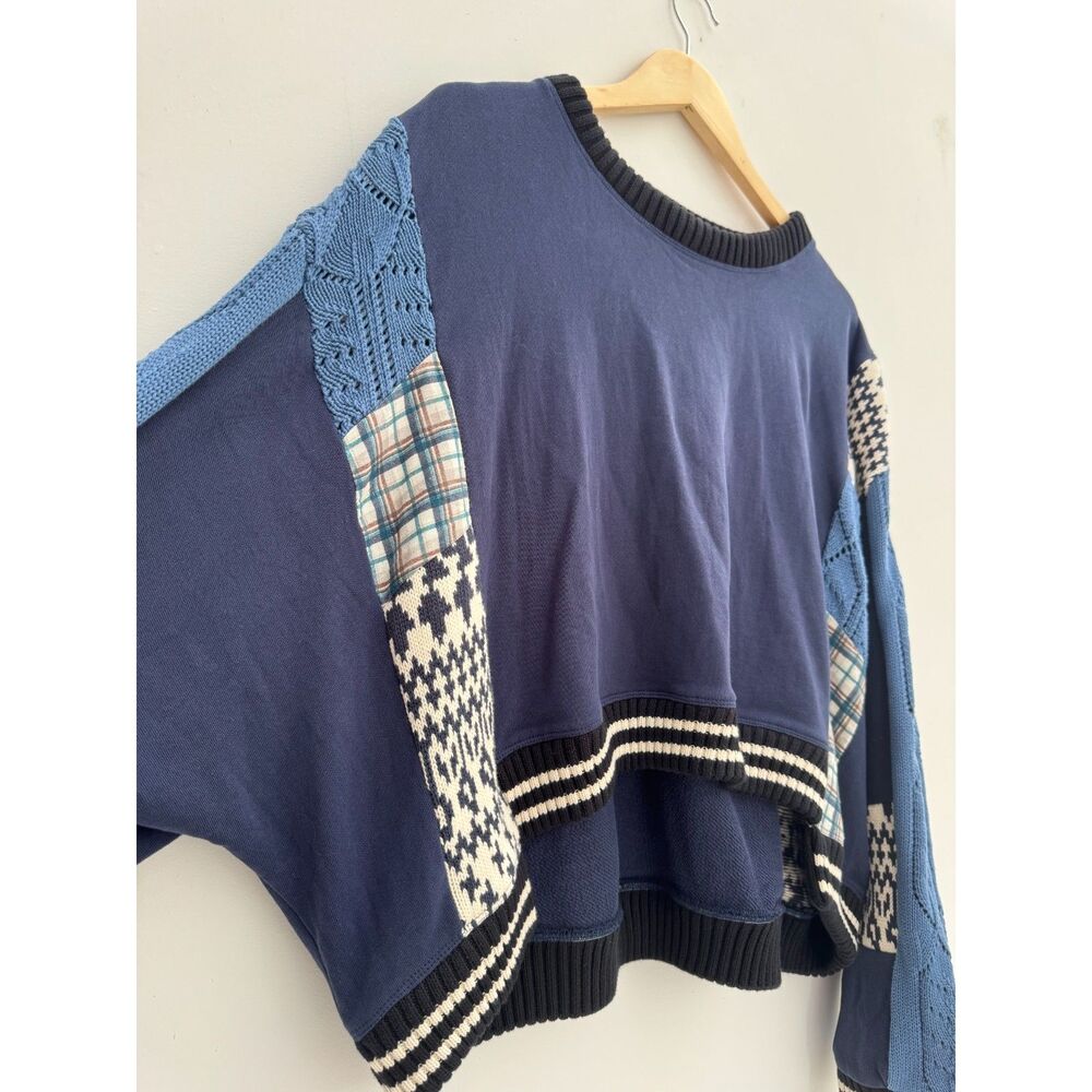 Anthropologie Pilcro Mixed Media Patchwork Cable Knit Sweater Navy L - Picture 3 of 6